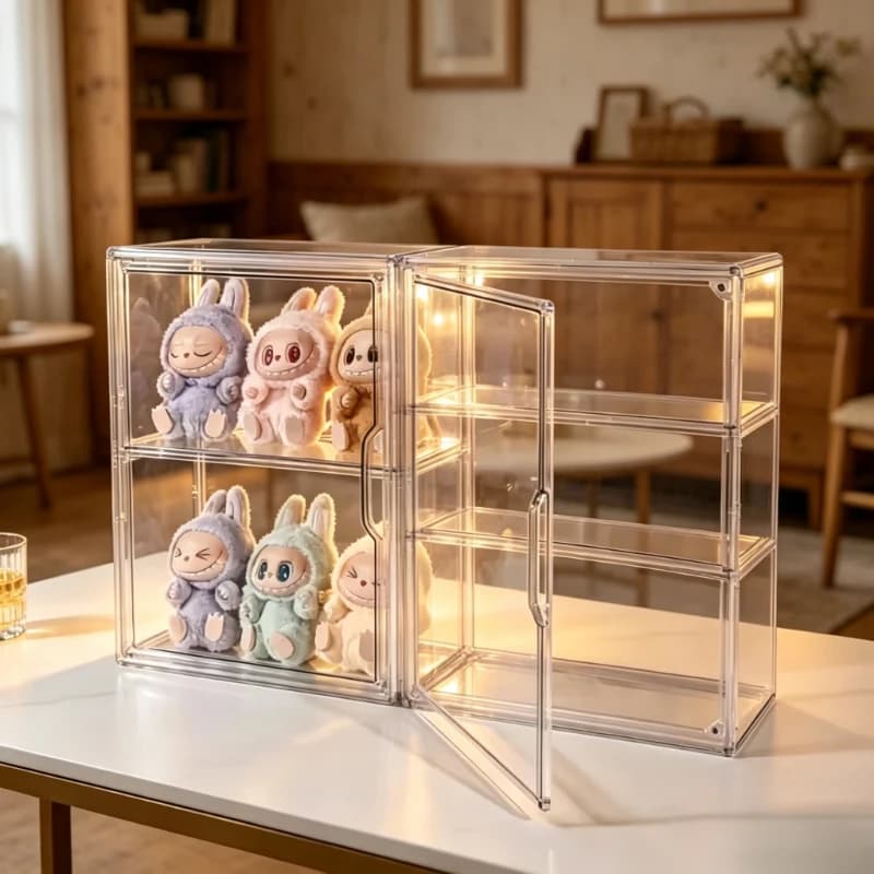Espositore in acrilico a 2 scomparti, a 3 livelli, per l'organizzazione quotidiana di action figure e blind box da scrivania