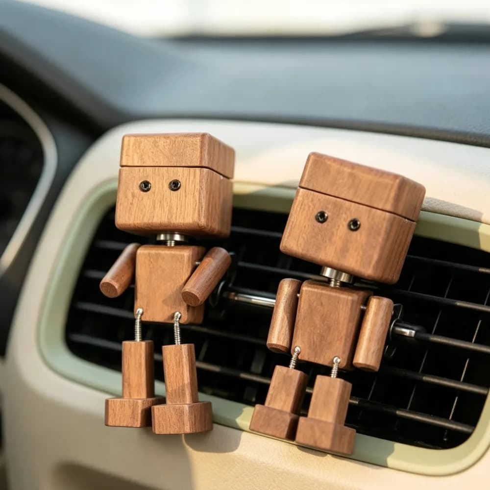 Wood Robot Car Interior Ornament Decor Mini Robot Car Air Freshener Diffuser Clip Car Vent Aroma Diffuser Ornament Desktop Decor