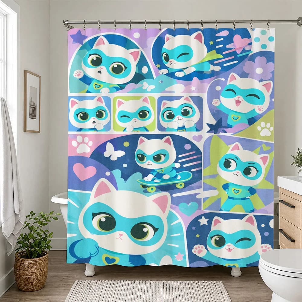 Cute Cartoon Cat Family Shower Curtain Bathroom Decor Fun Kids Novelty Waterproof Shower Curtain Liner