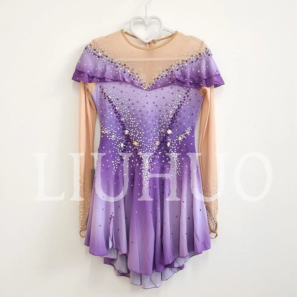 LIUHUO Abito da Pattinaggio Artistico Viola per Ragazze e Donne, Maniche Lunghe, Elasticizzato in Spandex, per Competizioni BD7054