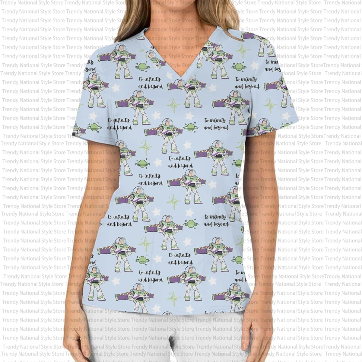 Top Scrub da donna della nuova estate stampato Disney Buzz Lightyear T-shirt con scollo a V tascabile Salone di bellezza Abbigliamento da lavoro veterinario