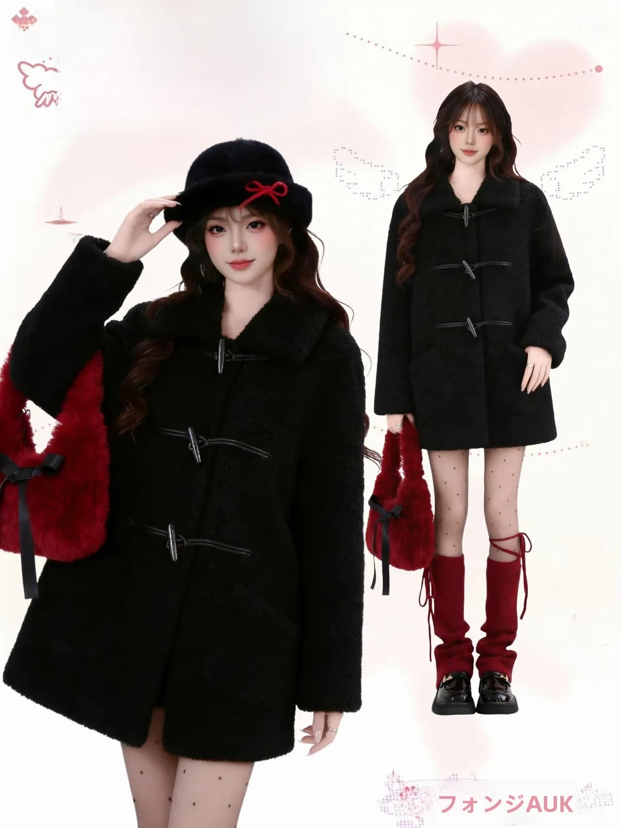 Black Lamb Fur Jacket Women's Loose Fit Winter Coat Shoulder Button Design Premium Feeling Long Sleeve Mid-Length Coat