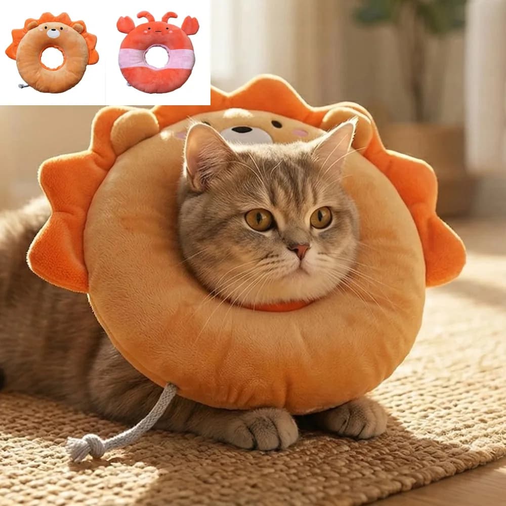 Collare Elisabettiano per Gatti e Cani, Protezione Anti-Morso e Anti-Leccamento, Collare Morbido in Peluche a Forma di Granchio o Leone