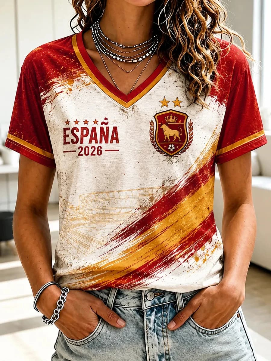 Women's Spain 2026 Football V-Neck Short-Sleeve T-Shirt Football Cultural T-shirt