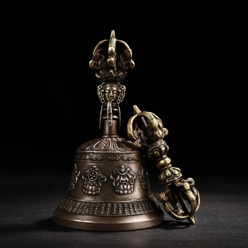 Old Tibetan Collection Craftsmanship Copper Five-Strand Dorje Vajra Demon-Slaying Bell And Pestle Ritual Instrument Set