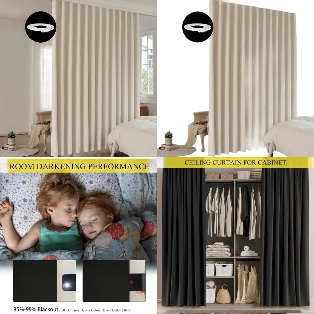 Set of flexible ceiling rail curtains, total darkness to 95%, 3 m wide x 2.7 m height, beige cream, single panel
