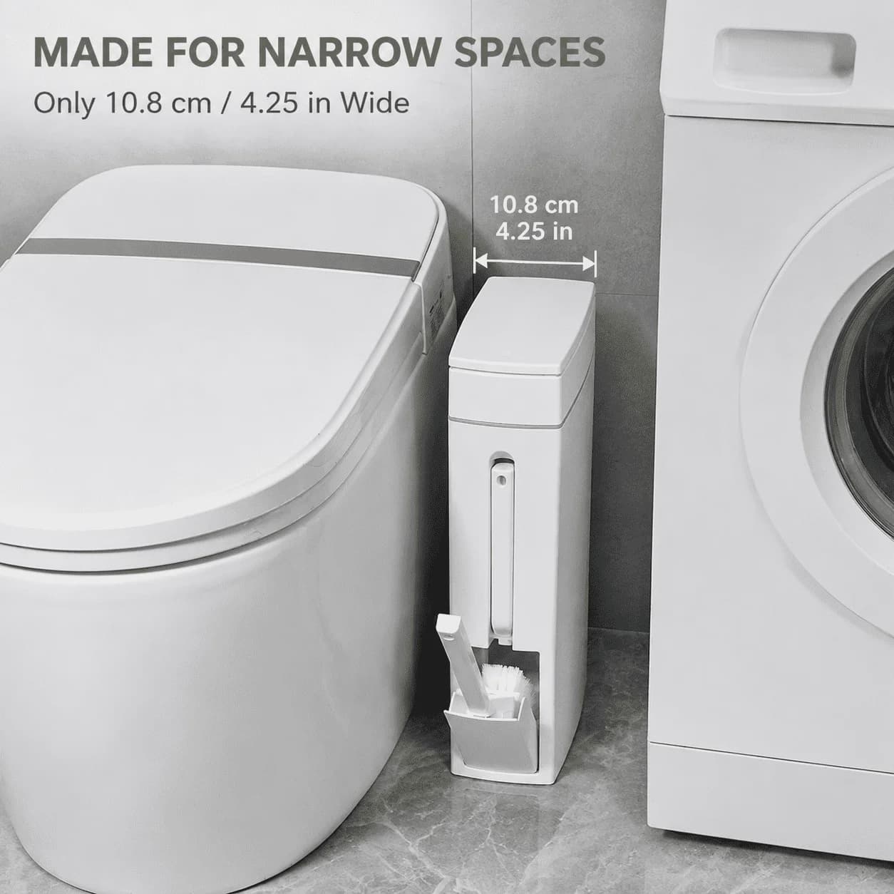Bathroom Trash Can with Toilet Brush, Push-Button Switch, and Lid—a minimalist trash can suitable for home and public restrooms.