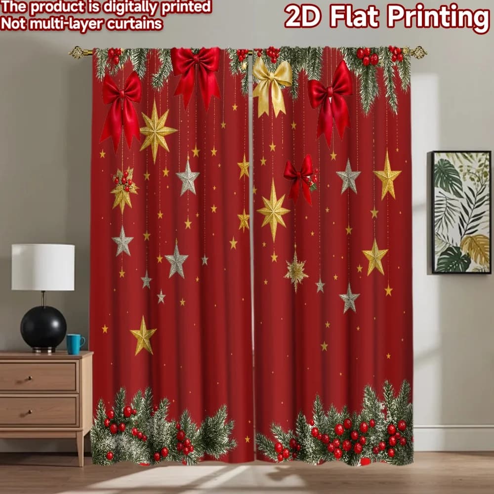 2D flat 2pcs Curtain Country Style Curtains Christmas Bows and Stars Durable polyester fiber Family Party Decoration Use for