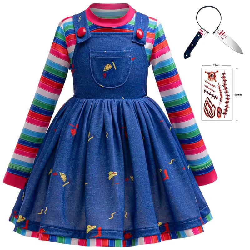 Bambini Halloween Classic Killer Chucky Ghost Doll Costume Ragazze Spaventoso Cosplay Film horror Dress Up Coltello Fascia per capelli e set di adesivi
