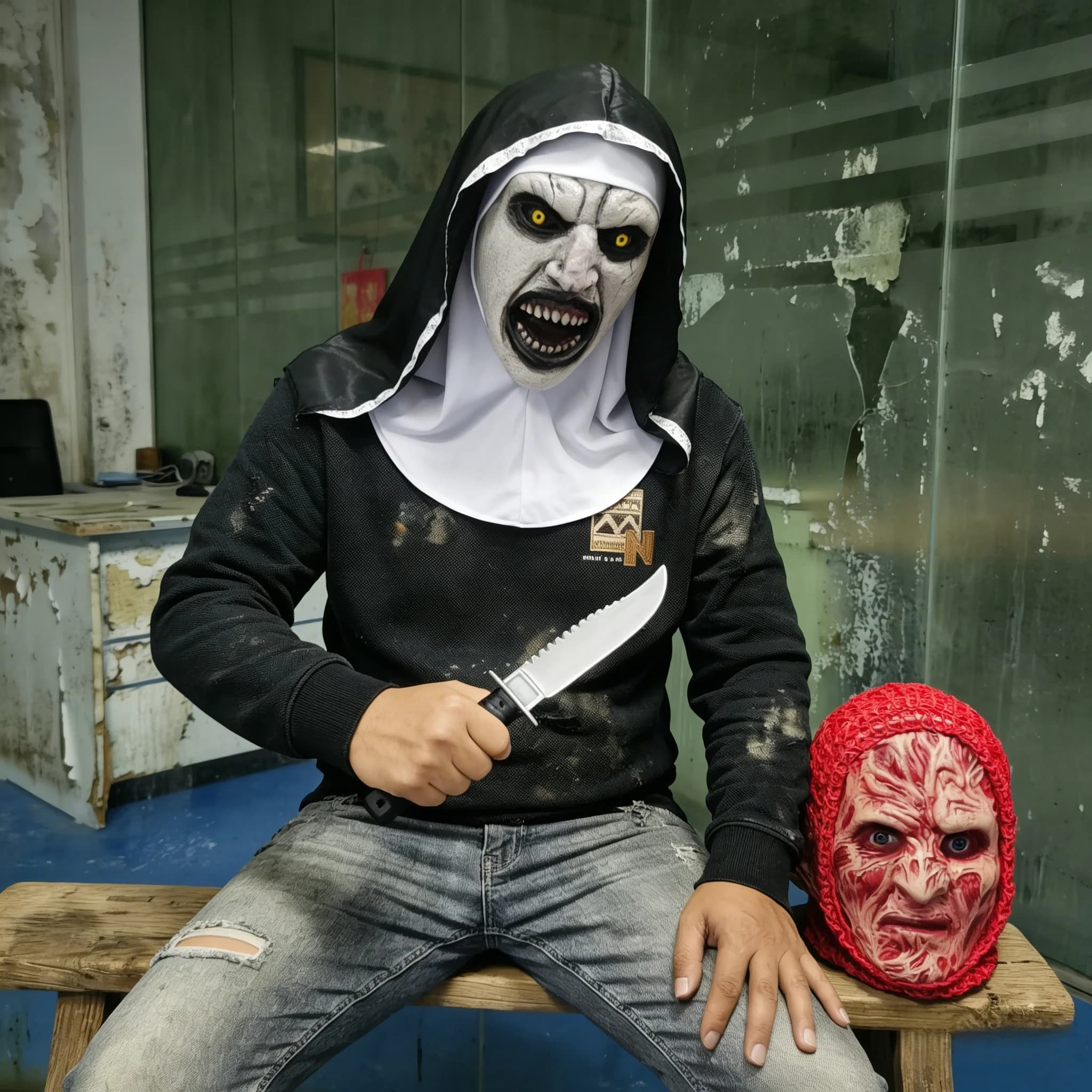 Maschera da suora spaventosa e maschera di Freddy Krueger con set di coltelli in plastica per Halloween, cosplay, feste, costumi horror, accessori realistici in lattice
