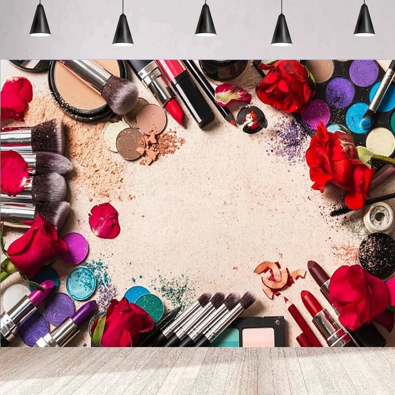Strumenti per il trucco Sfondo fotografico Rosa rossa Ombretto Pennelli Rossetti in polvere pressata Sfondo Poster da parete Decorazioni per feste di moda