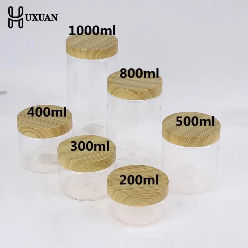 100/200/300/400/500/800/1000ml contenitore per vasetti in Pet trasparente vuoto con coperchio in legno imitazione plastica bottiglia di plastica trasparente