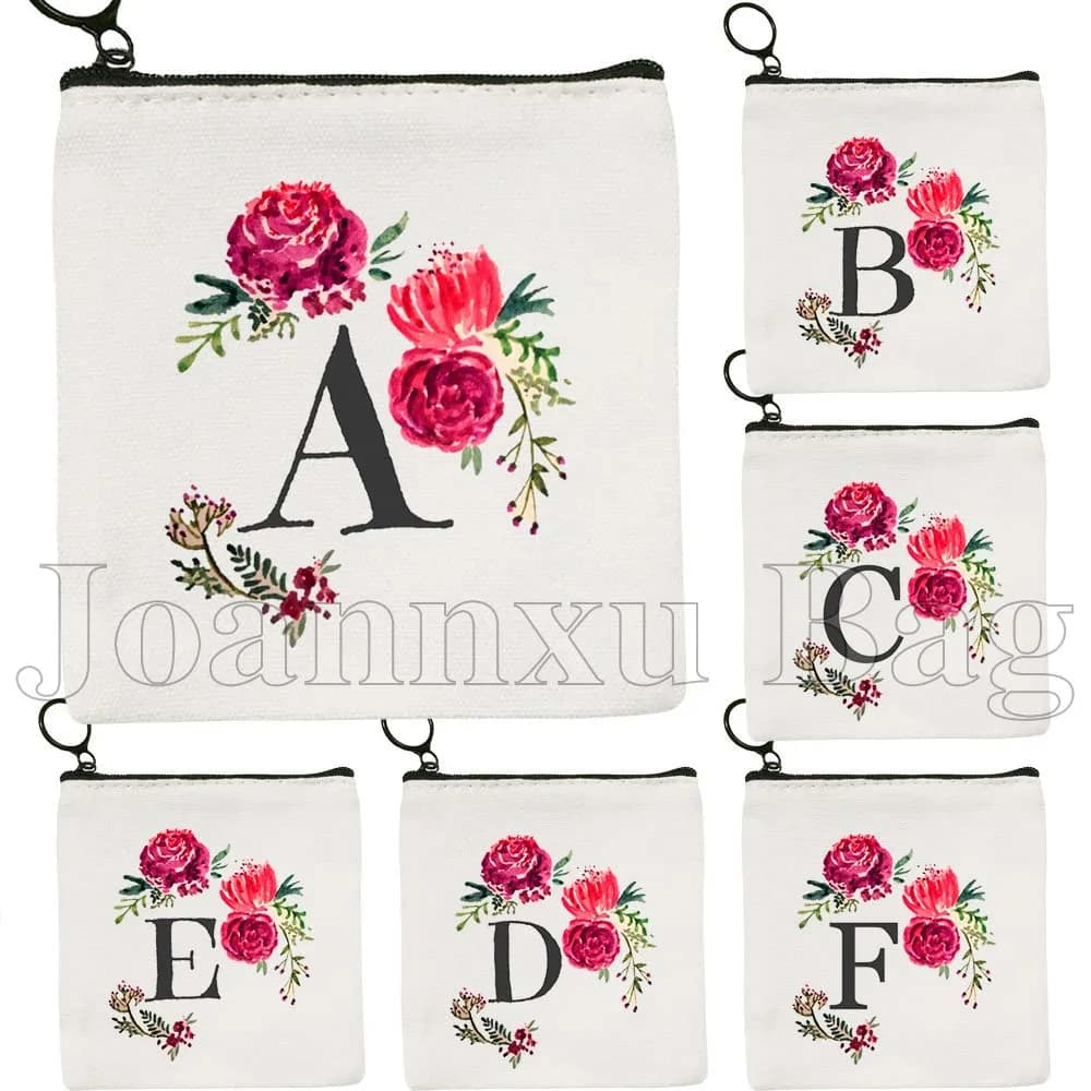 Borsa in tela con monogramma floreale botanico, rose rosse acquerellate, lettera iniziale, regali, portamonete, custodia per chiavi, piccola borsa, portafoglio, pochette
