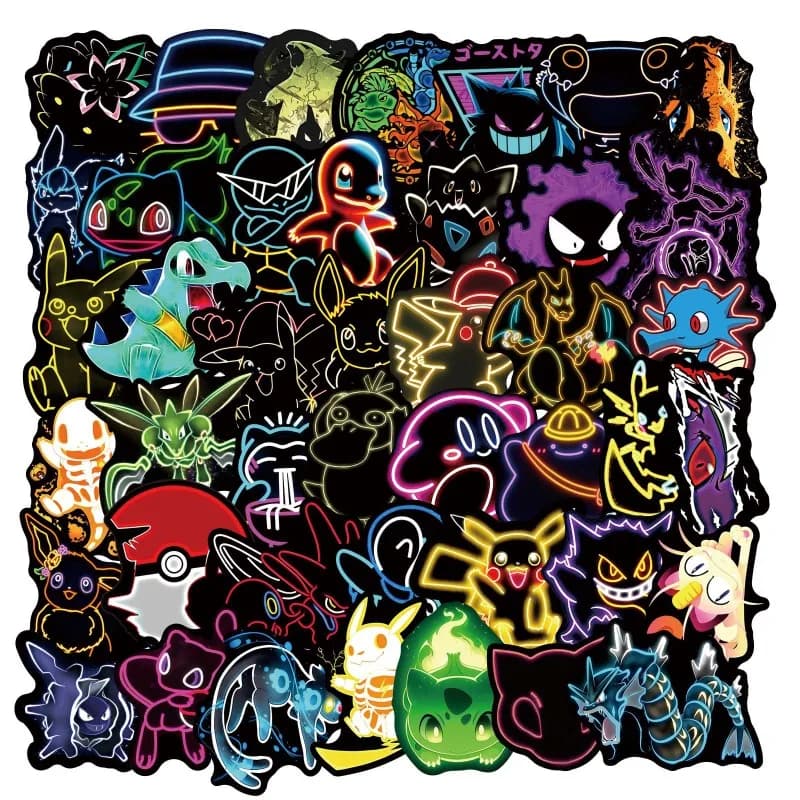 50Pcs Neon Pokemon Stickers Pikachu Charizard Eevee Waterproof Decals for Laptops Luggage Water Bottles Kids Toys Gift