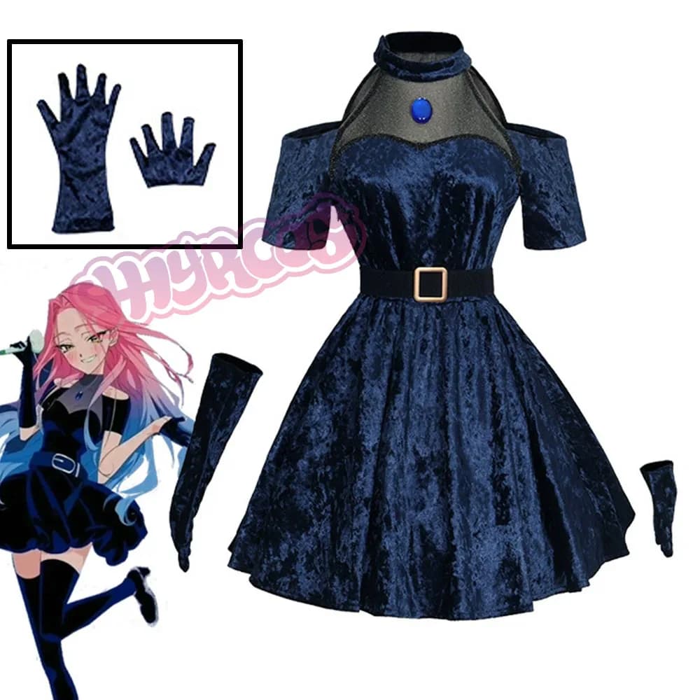 Mizi Cosplay Anime Alien Scene Costume Dark Blue Dress Blue Long Hair Gloves Calze Belt Uniform Set for Christmas