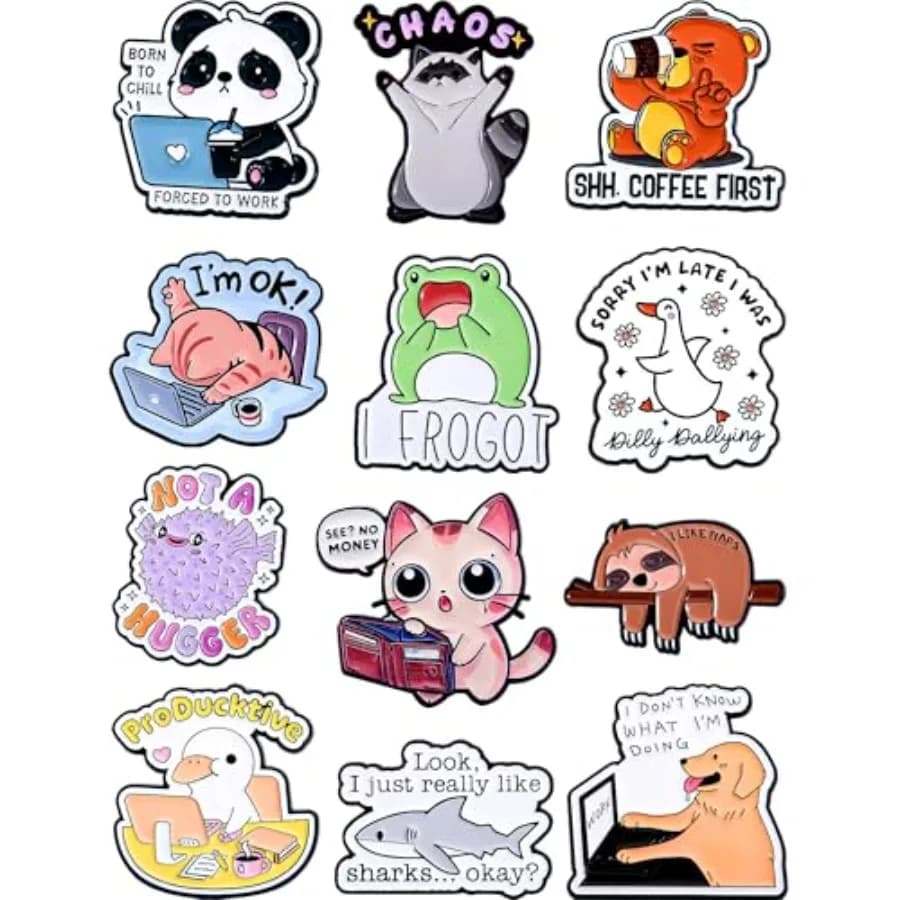 Funny Animal Enamel Lapel Pin Set, 12 Pack Metal Badges with Snarky Quotes, Cute Collectible for Backpack, Jacket, Hat, Office