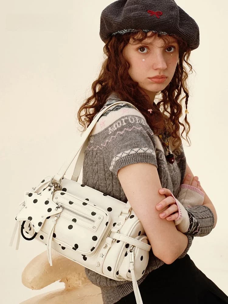 VANWALK Large Capacity Polka Dot Bowling Bag Women's Single Shoulder Handbag Casual Style Underarm Bag Daily Match PU Leather