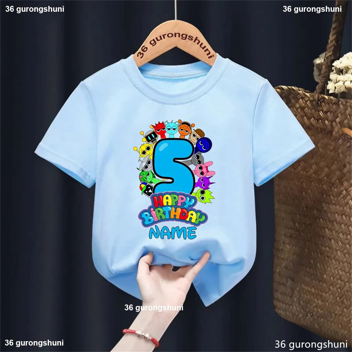 Nome personalizzato Arcobaleno 5° compleanno Sprunki Gioco di personaggi T-shirt stampata Ragazze/Ragazzi Kawaii Abbigliamento per bambini T-shirt estiva solida