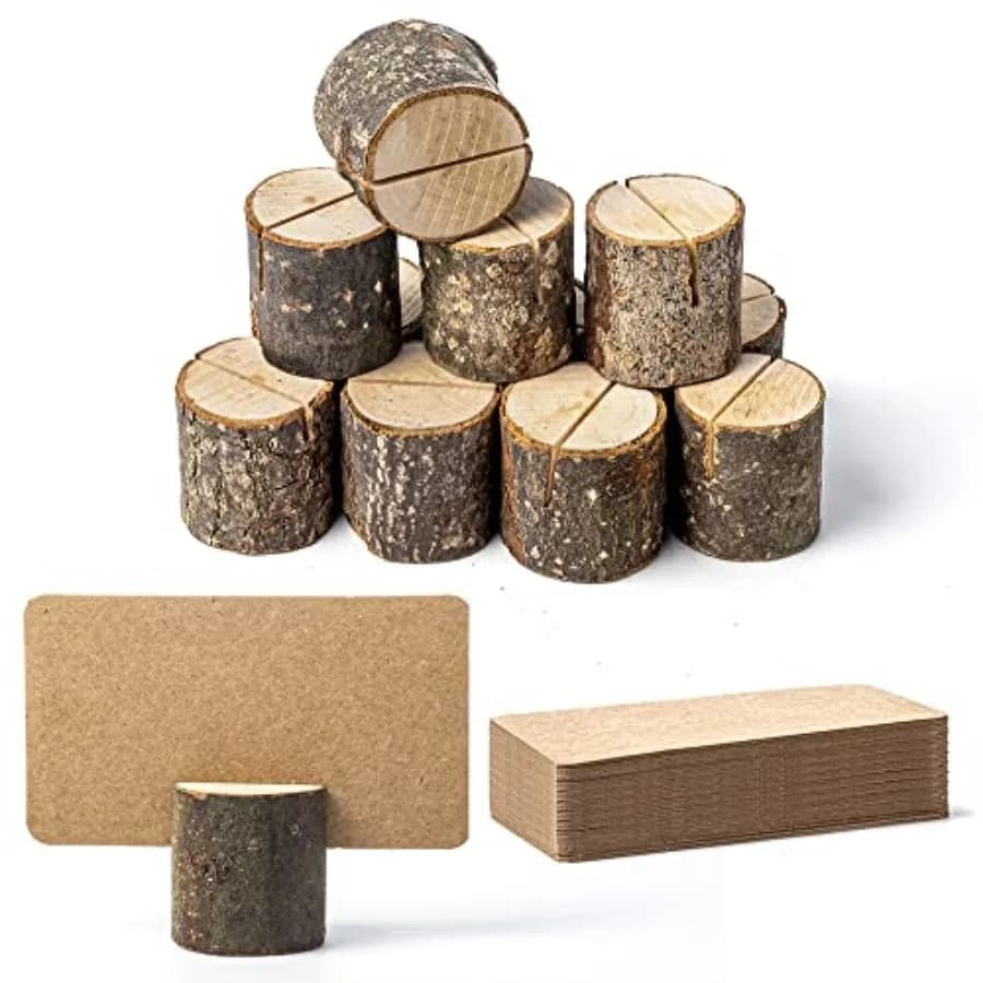 12Pcs Mini Wood Place Card Holders and 24Pcs Kraft Place Cards, Rustic Table Number Holders, Food Labels for Party Buffet, Name