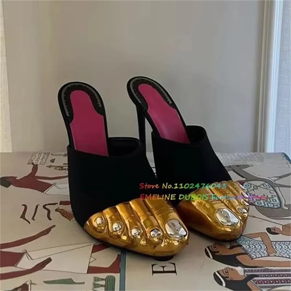 Black Gold Five Fingers Runway Slippers Women Patchwork Thin High Heels Banquet Shoes Ladies Trendy Summer New Elegant Mules