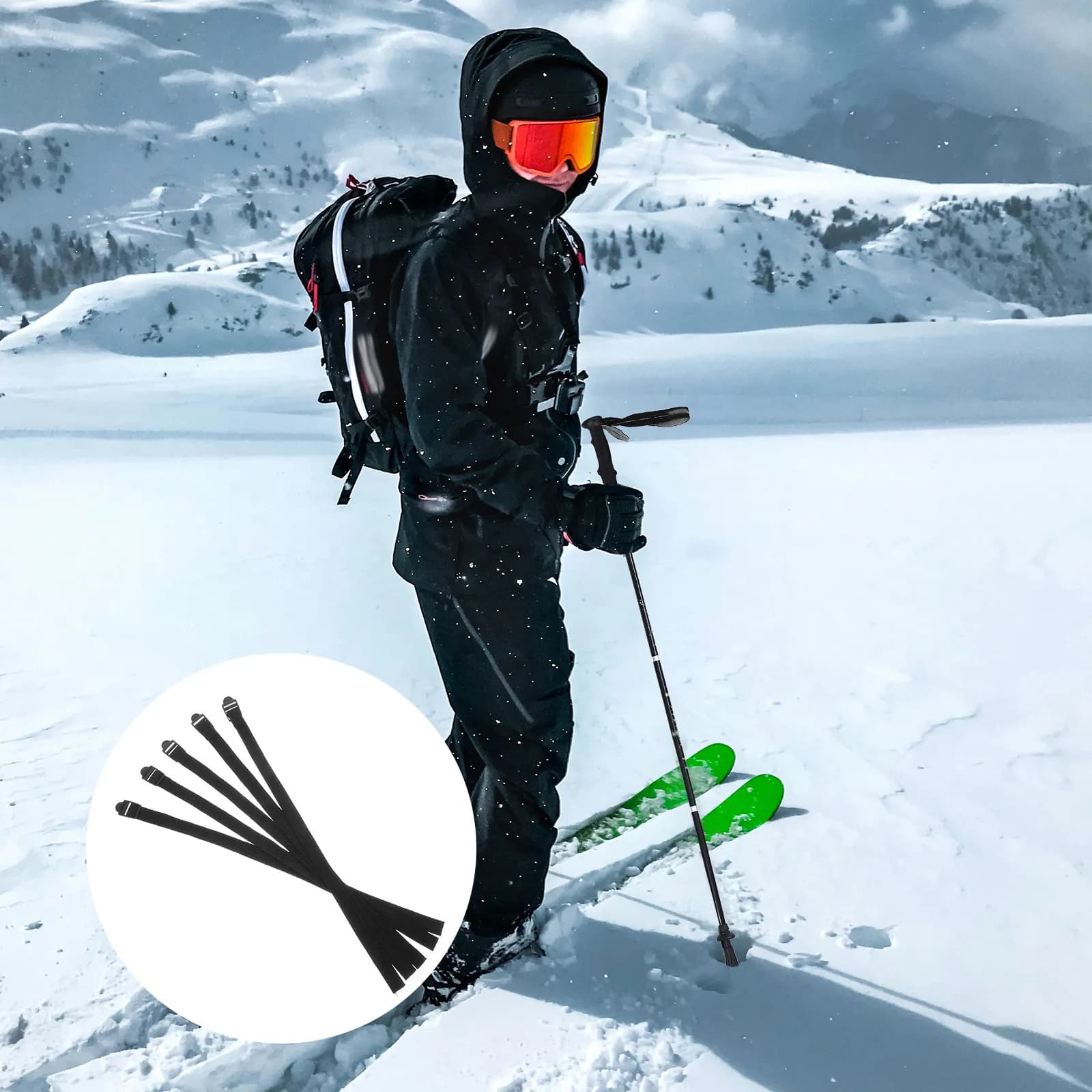 Set of 5 Ski Sticks, Portals, Compact, Lightweight, Adjustable, Ski, Snowboard and Trekking Elastics