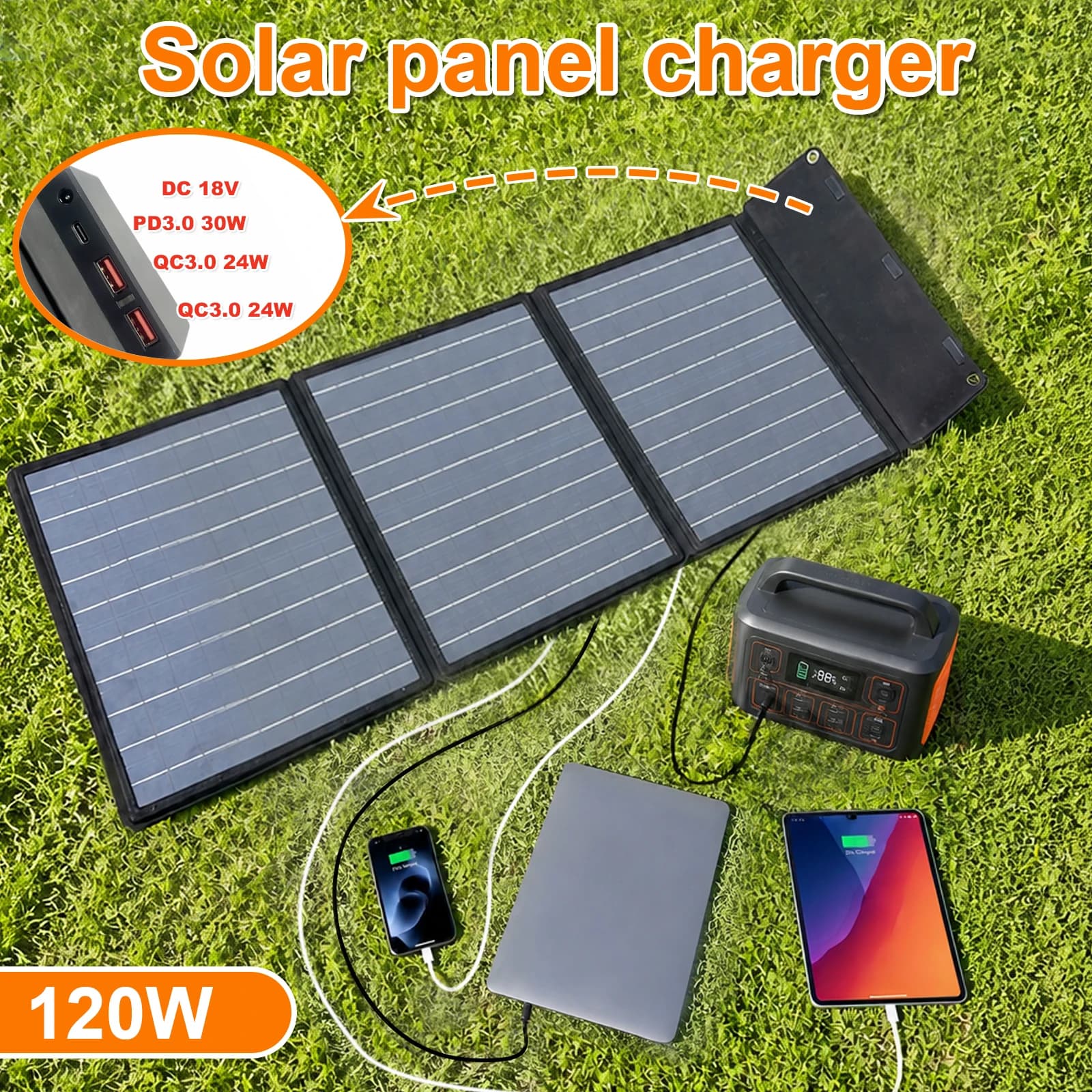 120W Foldable Solar Panel USB-C QC3.0 Current Display for Power Station RV with DC5521/35135/7909/5525