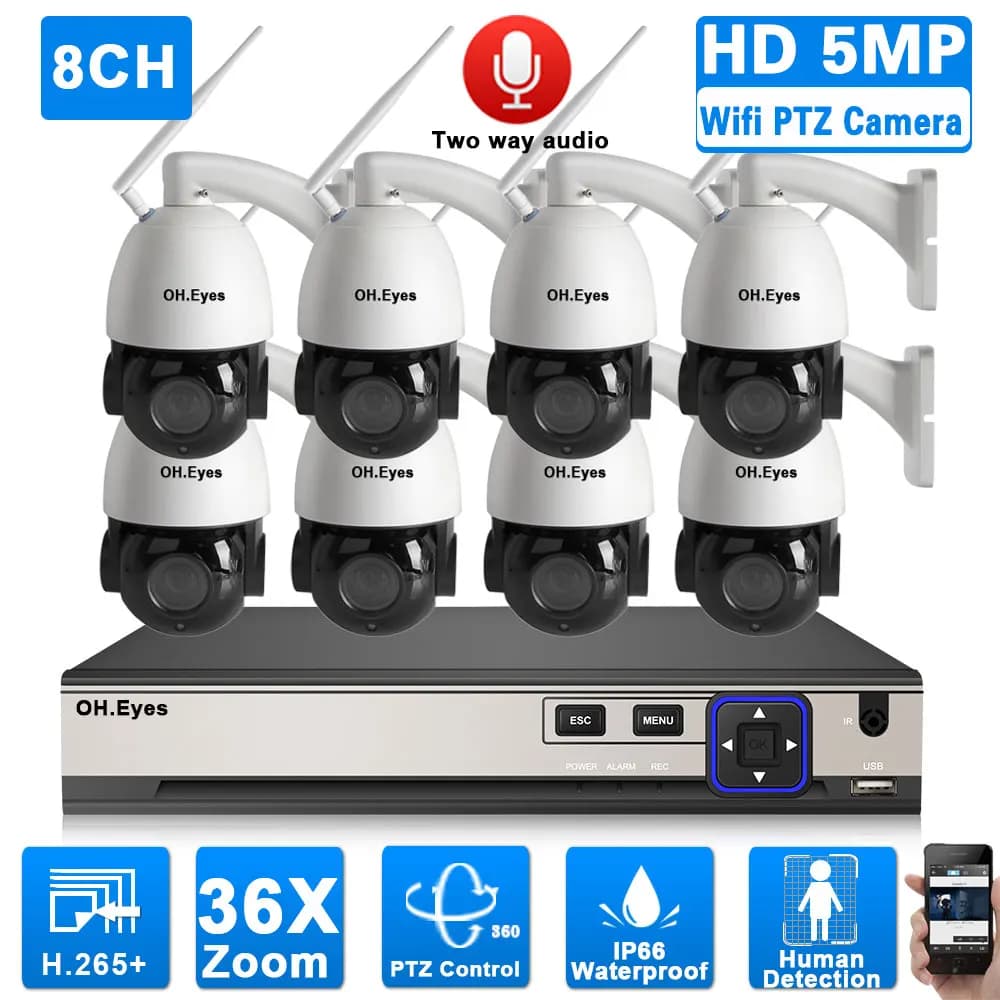 Kit sistema di sicurezza telecamera CCTV PTZ da 5 MP Audio bidirezionale NVR POE 4K 8CH con telecamera IP Wifi da 5 MP Kit di videosorveglianza con zoom 4CH 36X