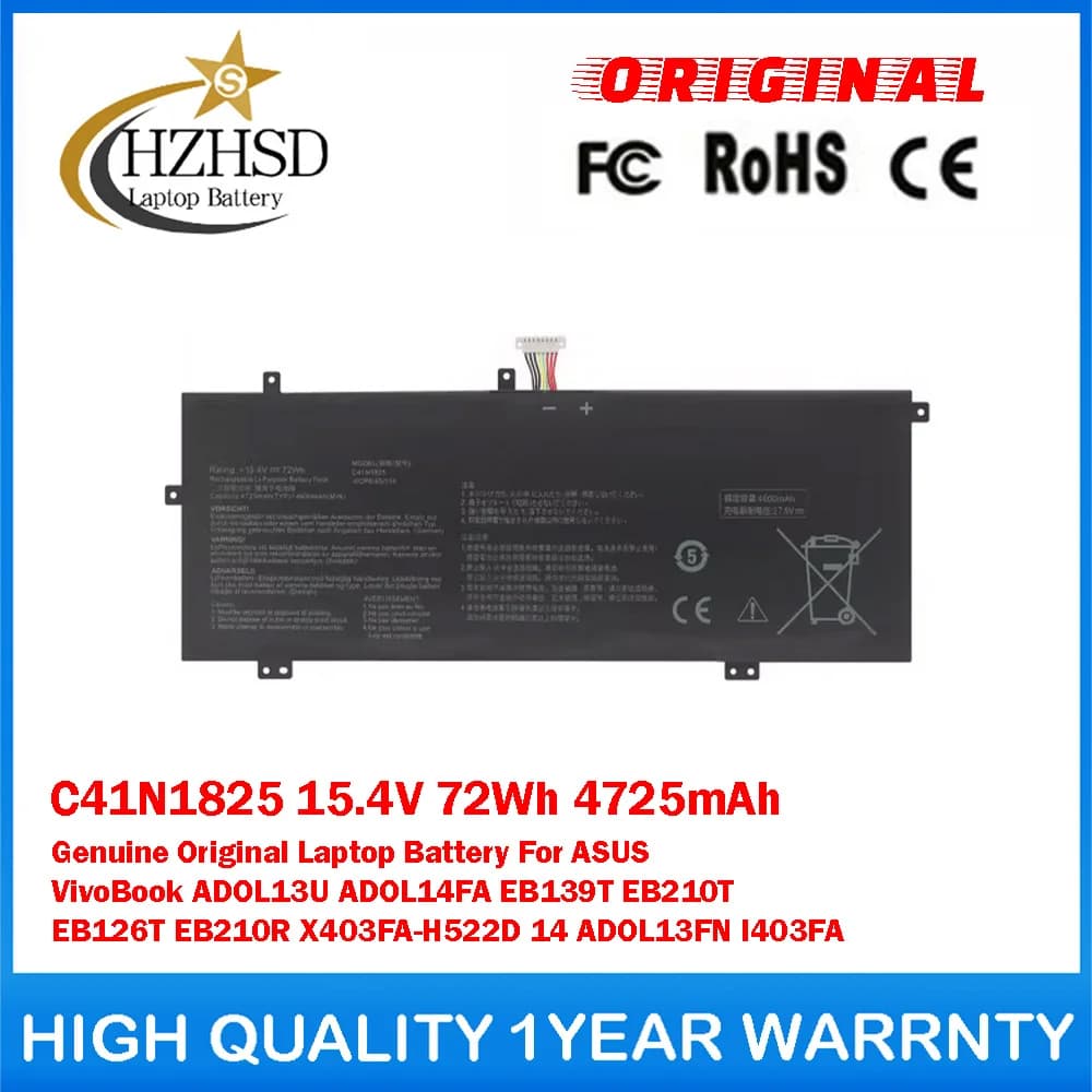 C41N1825 15.4V 72Wh 4725mAh Genuine Original Laptop Battery For ASUS VivoBook ADOL13U ADOL14FA EB139T EB126T EB210R X403FA-H522D