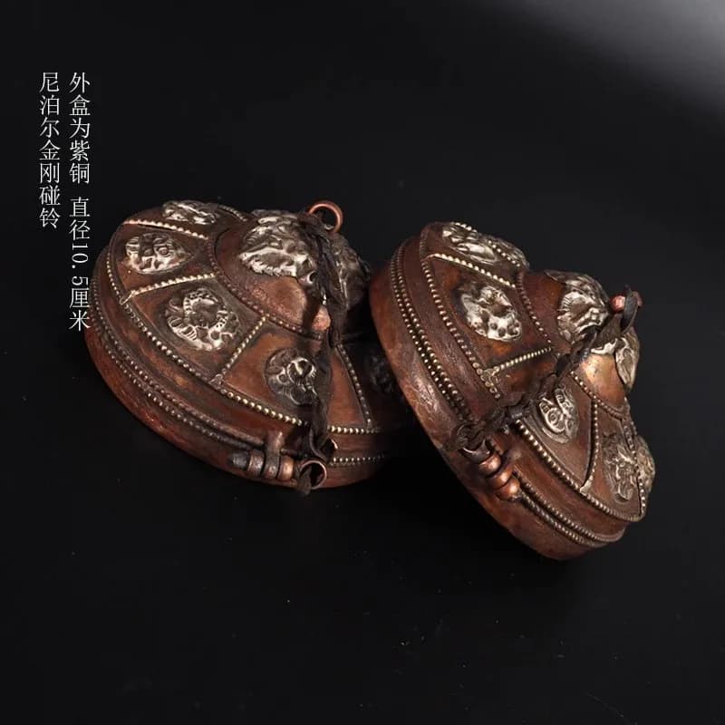 1pc 5"Tibetan Temple Collection Bronze Cinnabar Auspicious Eight Treasures Old Bell Ringing Six Word Proverbs Bell Box A Set