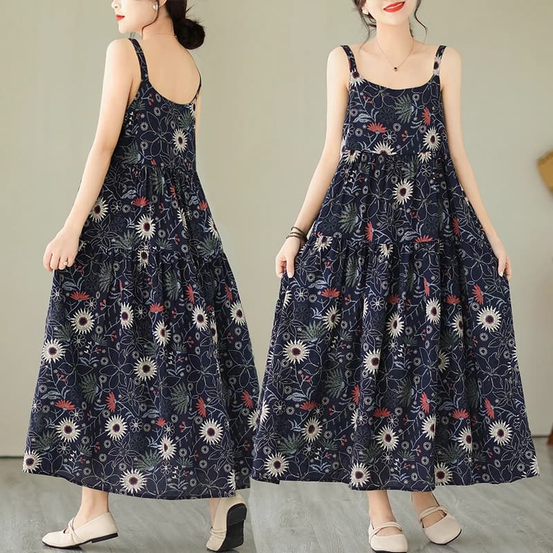 New plus Size Cotton Lin Long Dress Women's Floral Print Strap Vest Skirt High Waist over Knee Swing Skirt Commute Style