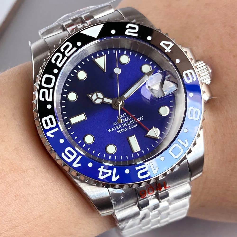 Luminous 40mm NH34A 20BAR Waterproof Sapphire Crystal NH34 GMT Automatic Diving Watch Men Jubilee Bracelet Blue Green Clock