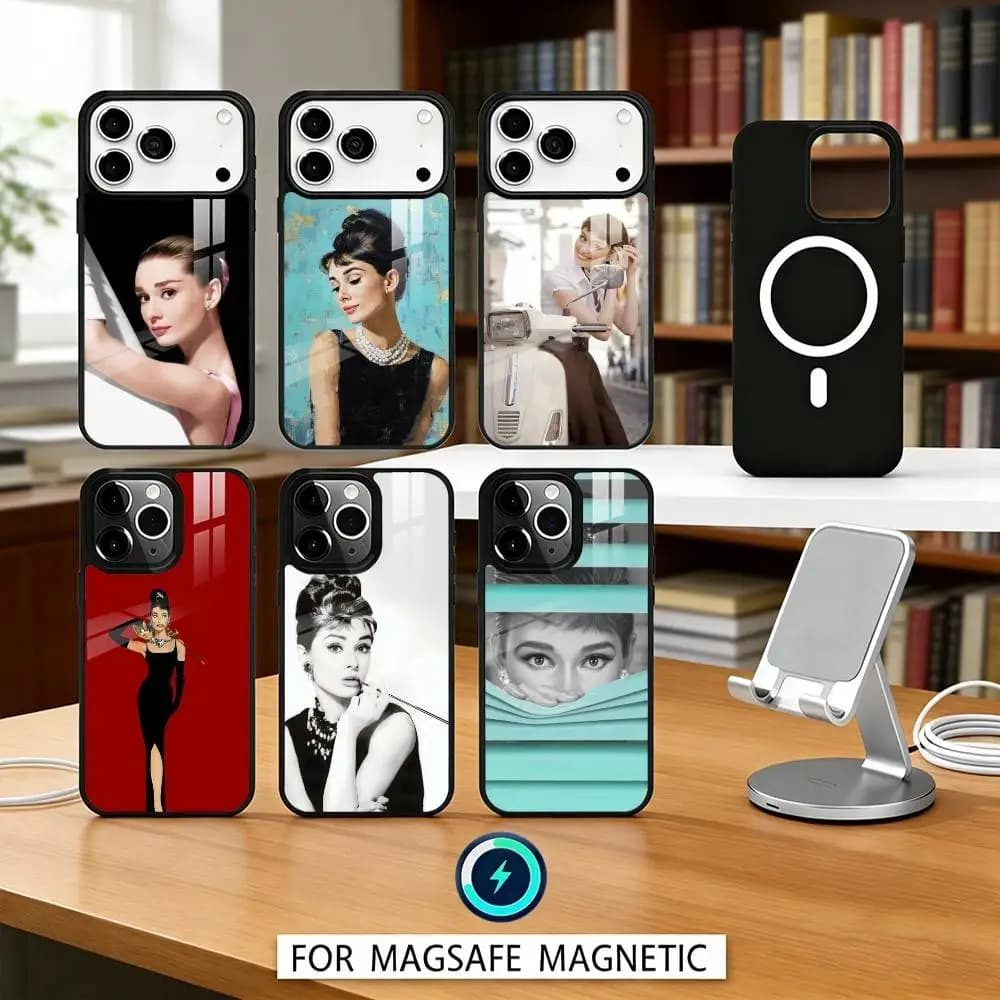 Custodia Magnetica per iPhone 17 16 15 14 13 12 Pro Max con Ricarica Wireless Magsafe - Edizione Speciale Audrey Hepburn