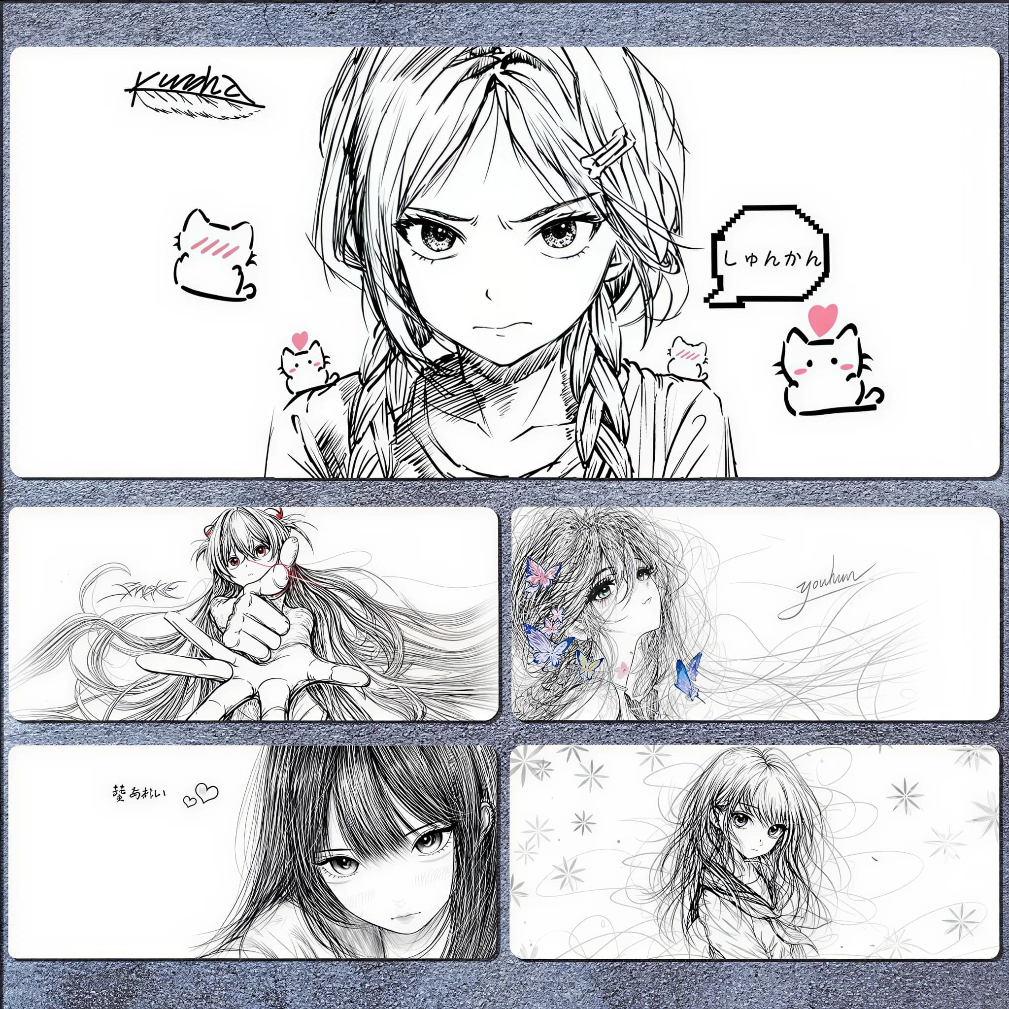 Tappetino per Mouse da Gaming XXL, Design Anime con Ragazza in Line Art, Base Antiscivolo in Gomma Morbida, Grande Tappetino da Scrivania per PC, Laptop, Ufficio, Casa