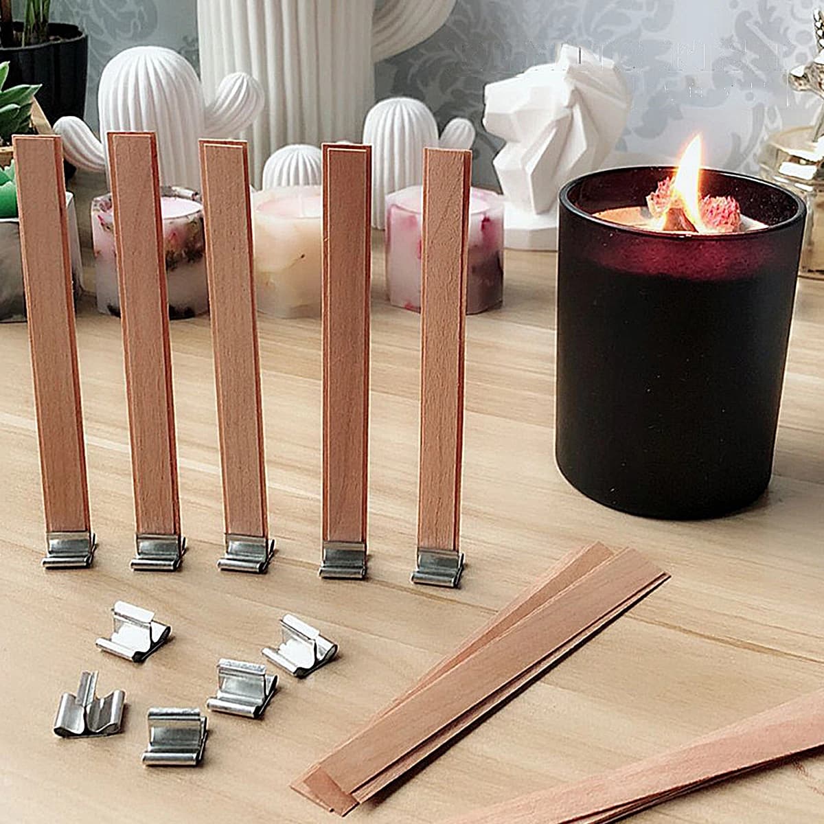 10 pz/set Doppio Strato di Candela di Legno Stoppino Multi Formato Naturalmente Senza Fumo Nucleo di Cera di Legno e Clip di Metallo Kit di Creazione di Candele FAI DA TE