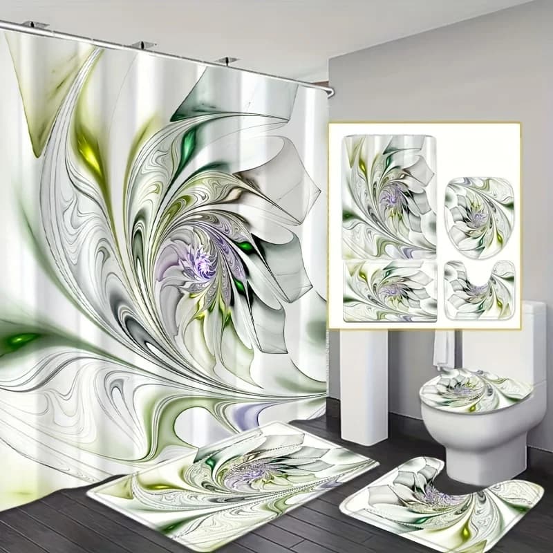 Set of 4 creative pieces with floral diamond pattern, decorative bath mat, shower curtain, U-shaped toilet mat