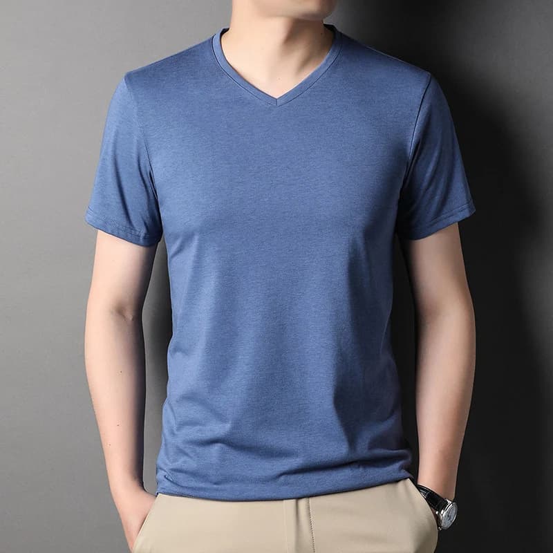 BROWON Marca T-shirt in seta di gelso da uomo 2025 Moda estate sottile manica corta da uomo maglietta solida colletto con scollo a V abbigliamento uomo regolare