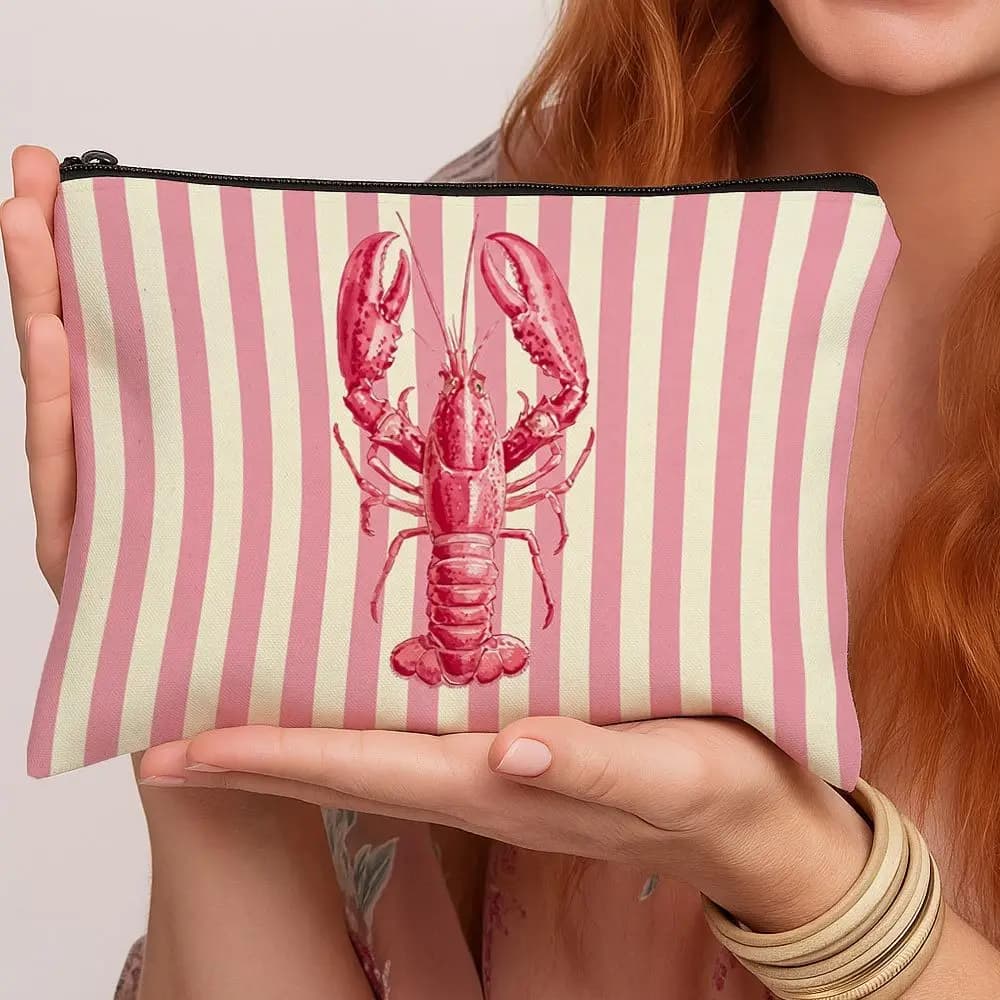 Minimalist Lobster Print Cosmetic Bag Pink White Zippered Toiletry Pouch Suitable for Storing Cosmetics Travel Essentials
