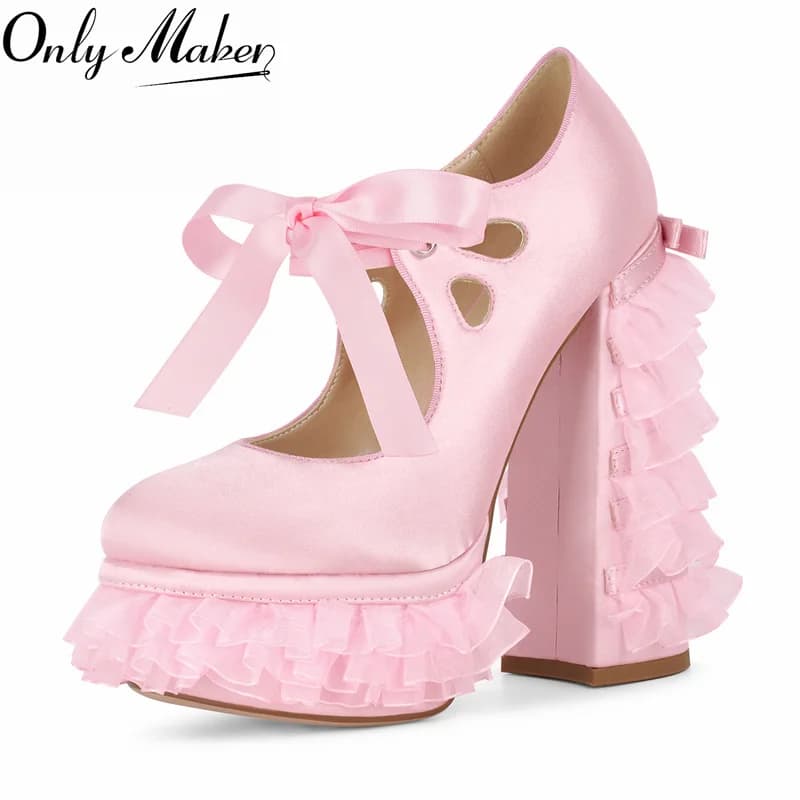 Scarpe da donna Onlymaker con punta tonda e plateau, stile Lolita, con tacco grosso, scarpe con tacco alto per feste ed eventi