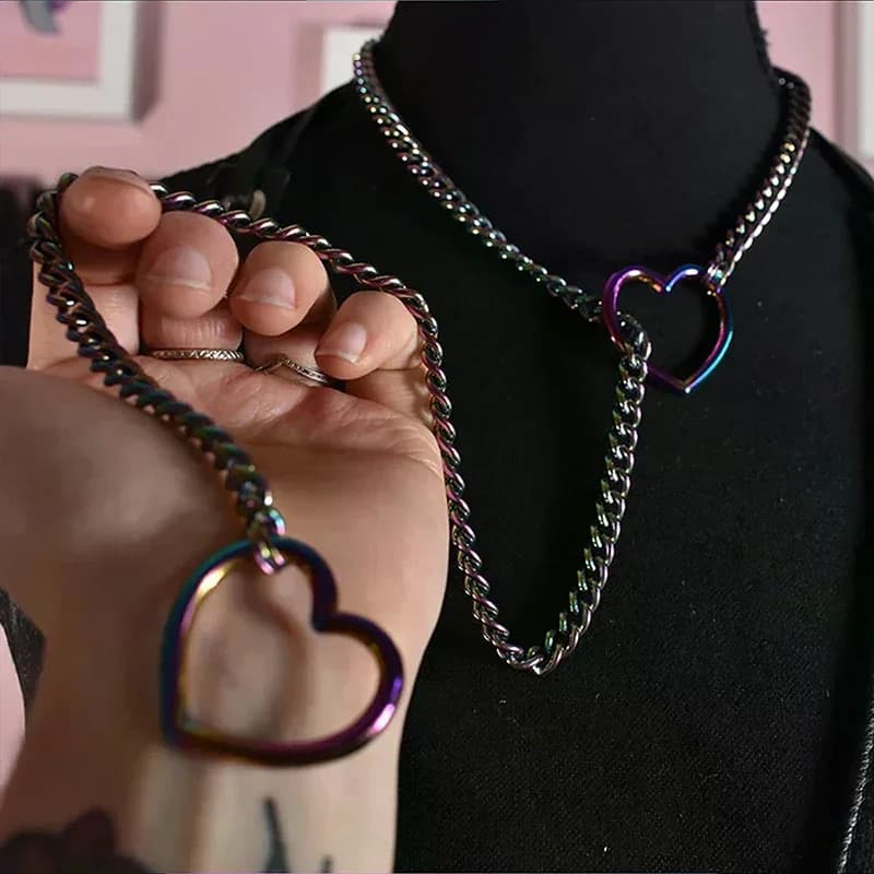 1PC Cuore O-ring Catena antiscivolo per le donne Collana punk rock Collana lunga cubana in acciaio inossidabile Collana a Y regolabile semplice alla moda