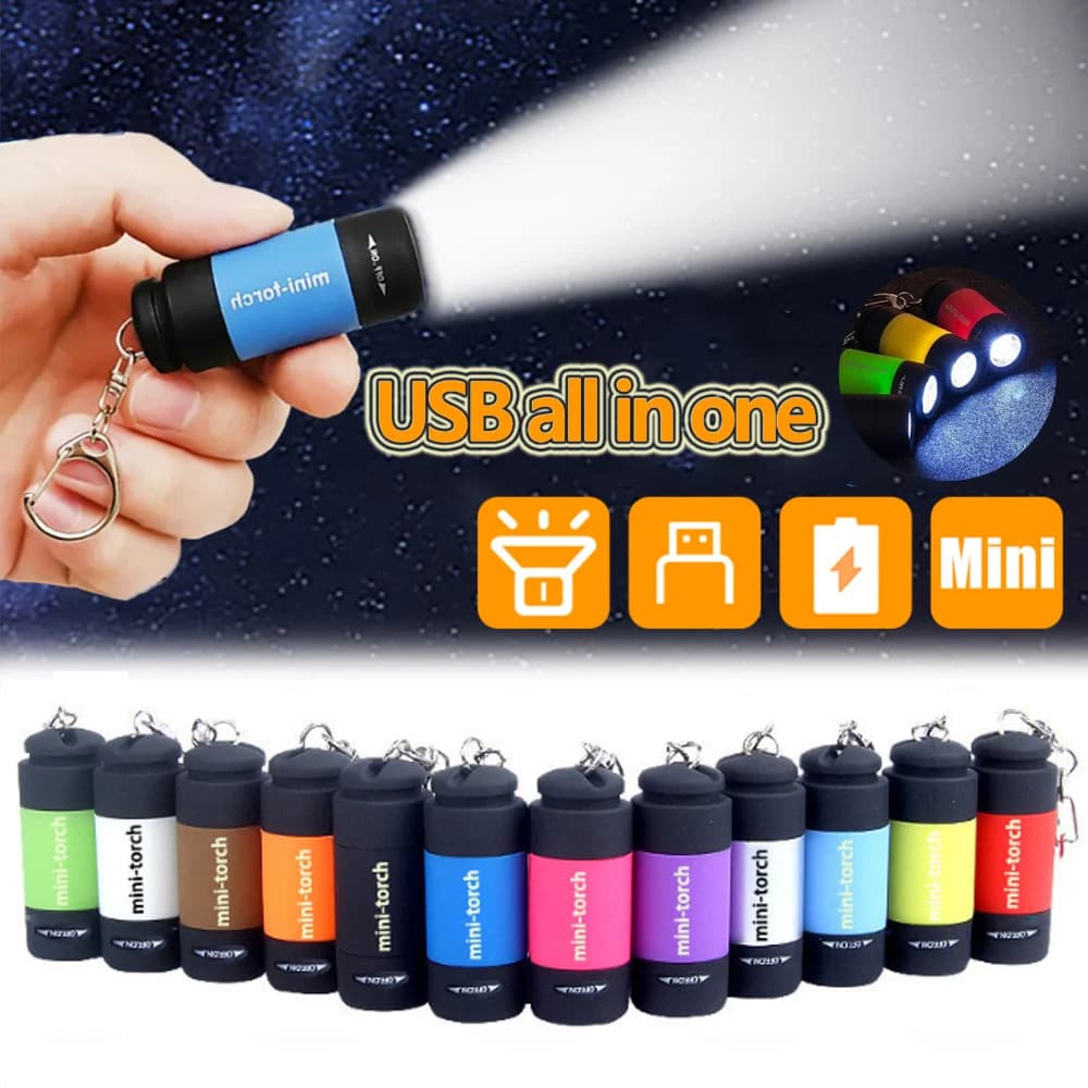 LED torch with USB charging, multifunctional torch with strong light, pocket key torch, waterproof torch for outdoor excursions, camping