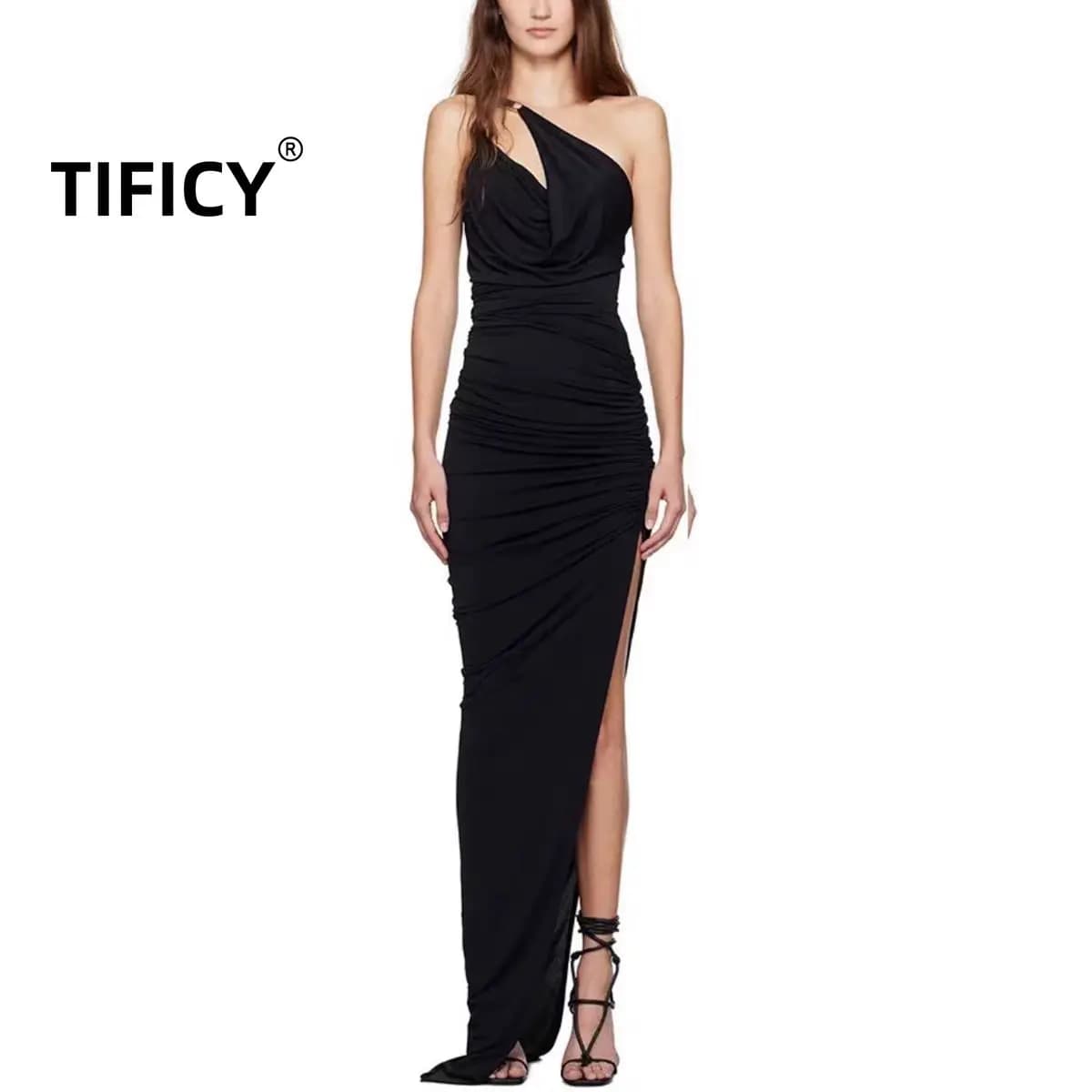 Abiti slim Dark Ro High Street Abito lungo da donna sexy con spalla solida e fibbia in metallo, borsa a tracolla con spacco sui fianchi