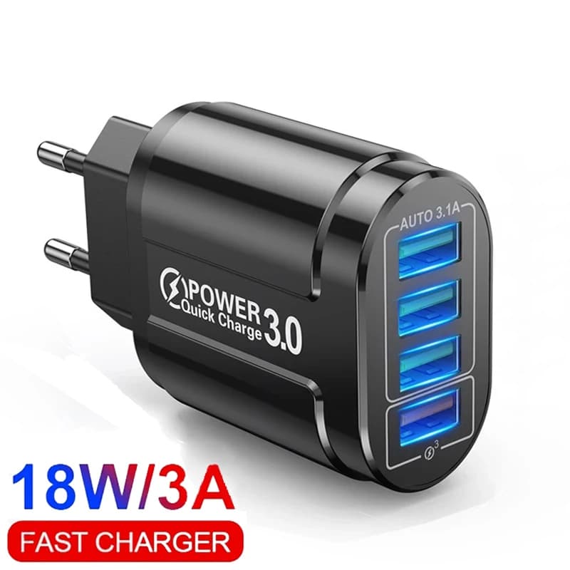 Caricatore USB Carica rapida 3A 5V Caricatore rapido 3.0 4 porte Adattatore di ricarica per telefono con luce a LED Accessori per caricabatterie con spina UE USA