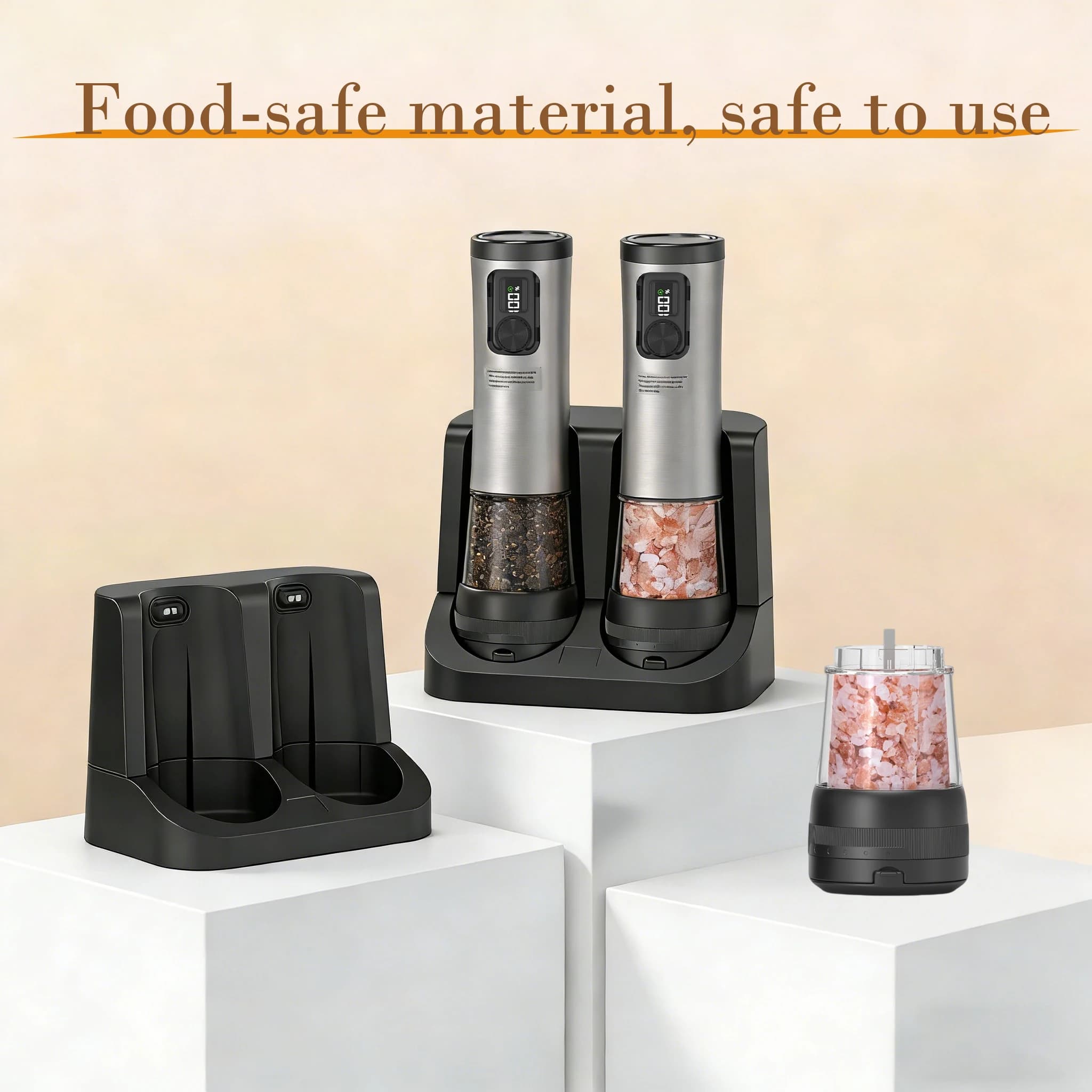 1 or 2 Automatic Electric Salt Grinders, LED Light Pepper Grinder, Externally Adjustable Coarseness, One-Handed Operation