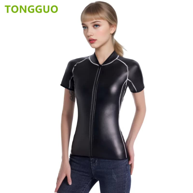 Cool woman Body Shaper Connector to Korean Leather Jacket White Line Simple Short Sleeved Shirt Waist Trainer Corsets Zipper Shirts Top