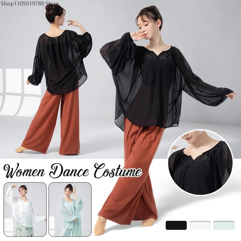 Modern Dance Tops Chinese Style Lady Off-shoulder Long-sleeved Blouse Sheer Shirts Practice Classical Dance Performance Tee Tops