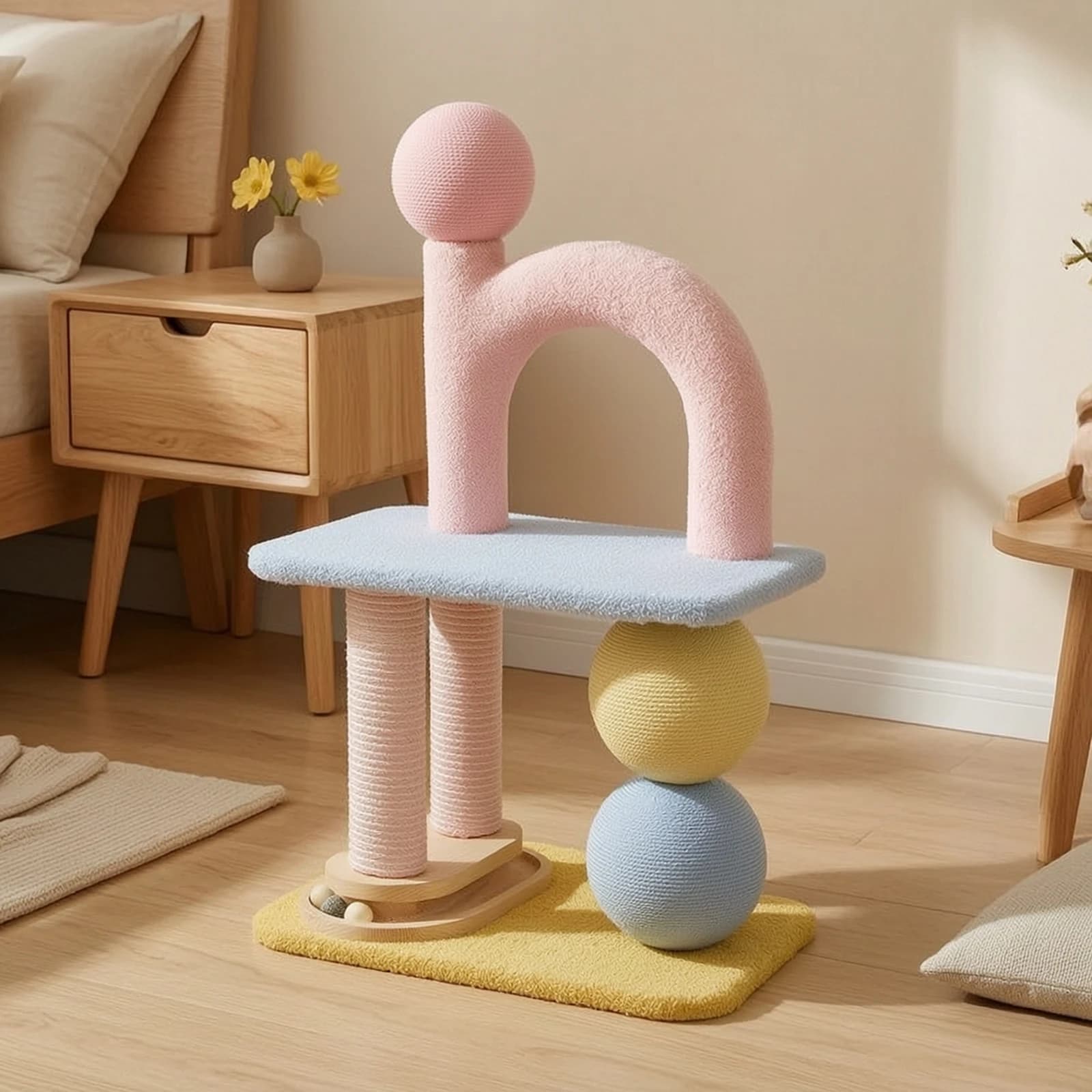 Cat Activity Tree with Play Balls Wooden Cat Condo with Scratching Post Kitty Climber Indoor Furniture Soft for Cats