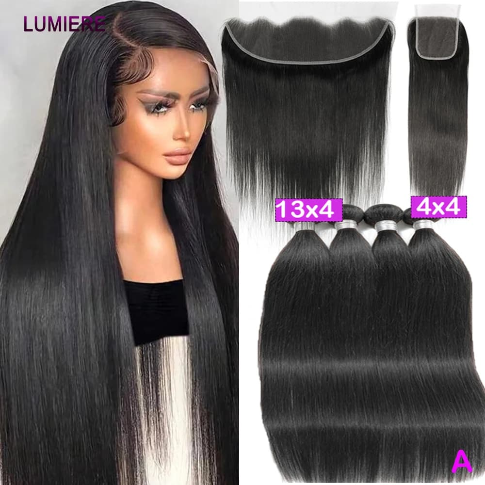 Fasci di capelli umani lisci ossei con chiusura Fasci di capelli peruviani frontali con chiusura Estensione dei capelli vergini umani grezzi al 100%
