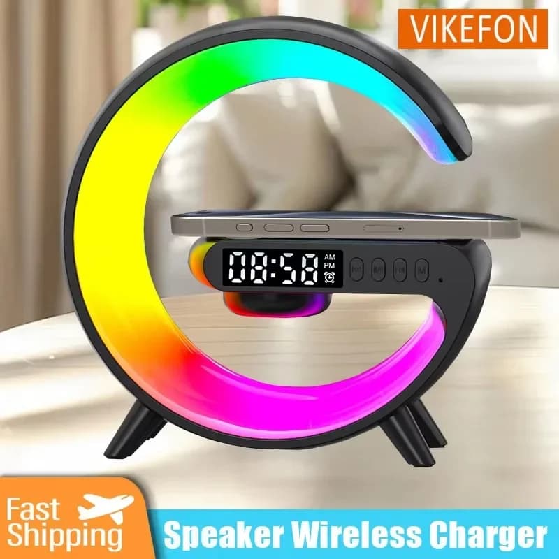 VIKEFON 15W caricabatterie Wireless Pad Stand altoparlante multifunzione TF RGB luce notturna stazione di ricarica rapida per iPhone Samsung Xiaomi