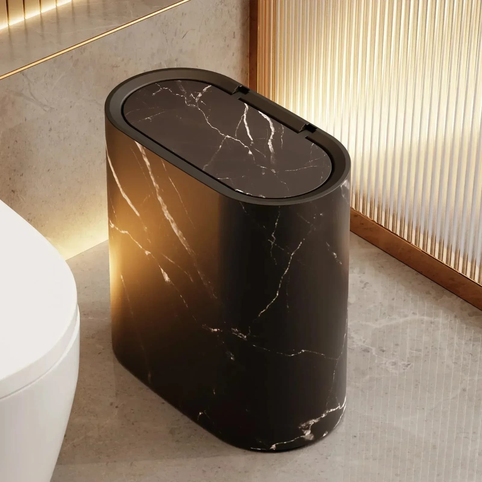 Cestino per rifiuti con coperchio a pressione manuale, effetto marmo e venature del legno, per cucina, soggiorno, bagno, stile nordico.