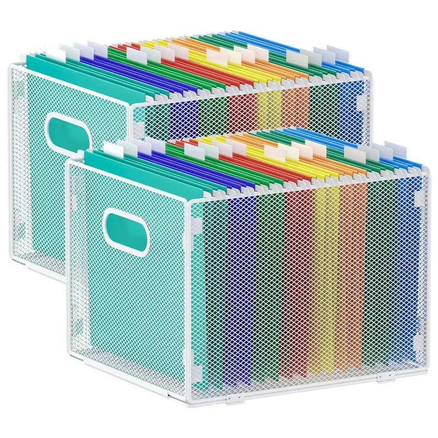Set di 2 Organizzatori per Documenti Sospesi, Scatole in Rete per Archiviazione, Contenitori per Armadietti, Formato Lettera, Bianco